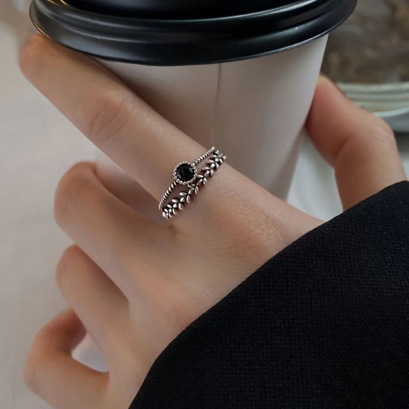 S925 Sterling Silver Ring Retro Leaf+Black Zirconia Design Suitable For Match Daily Outfits Party Decor High Quality Gift