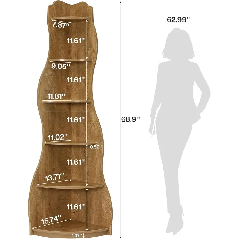 Modern Wavy Corner Shelf 68.9-Inch 6-Tier Wall Corner Display Bookshelf Unique Tall Bookcase Storage Rack Plant Stand for