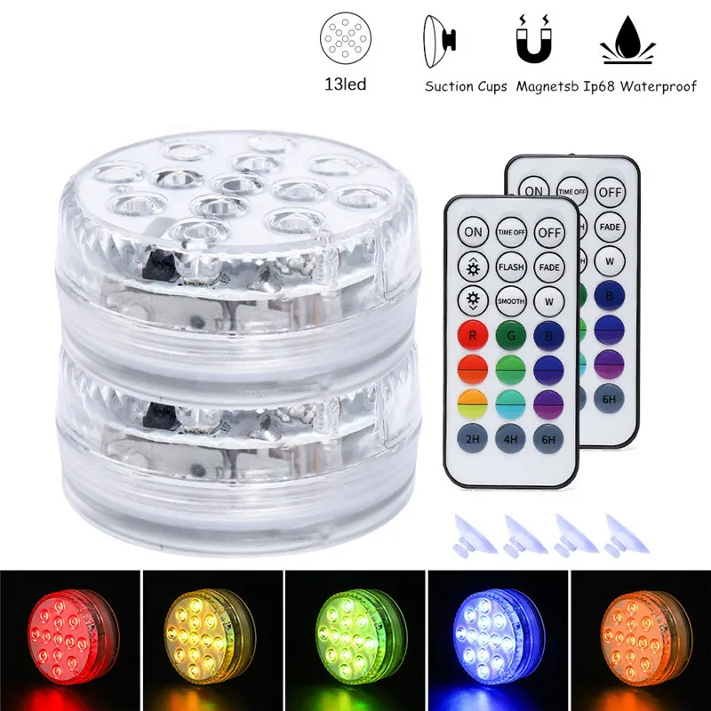 Underwater Light 16 Colors RGB IP68 Waterproof Swimming Pool Light RF Remote Control Submersible Lights For Pond Vase 13 LEDs