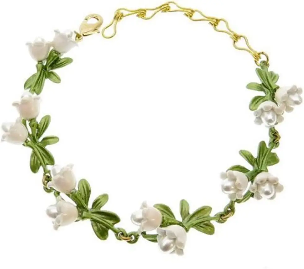 Green Paint Freshwater Pearl Valley Lily Leaves Women Bracelet Fashion Bracelet Womens Pearl Bracelet