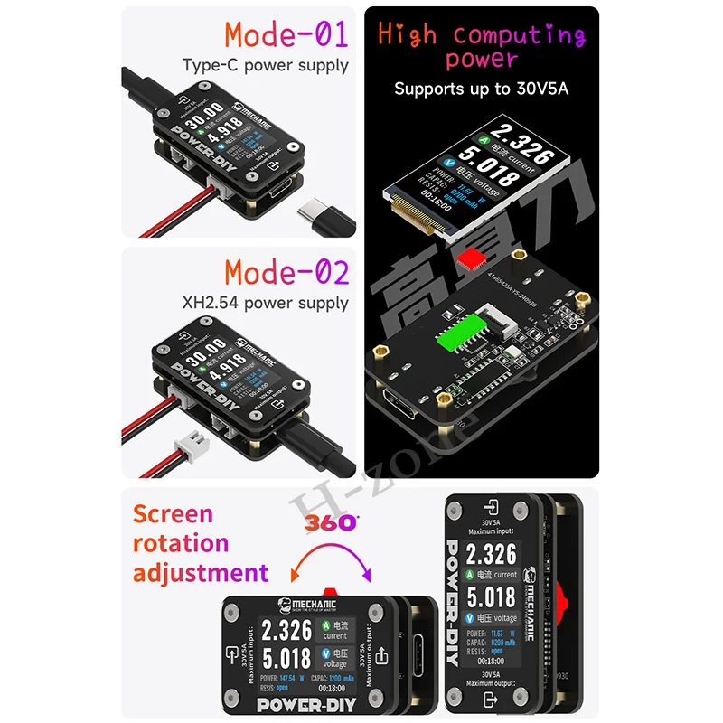 MECHANIC POWER-DIY smart digital ammeter 30V 5A 360° rotating digital display PCB fault current and voltage fast measurement