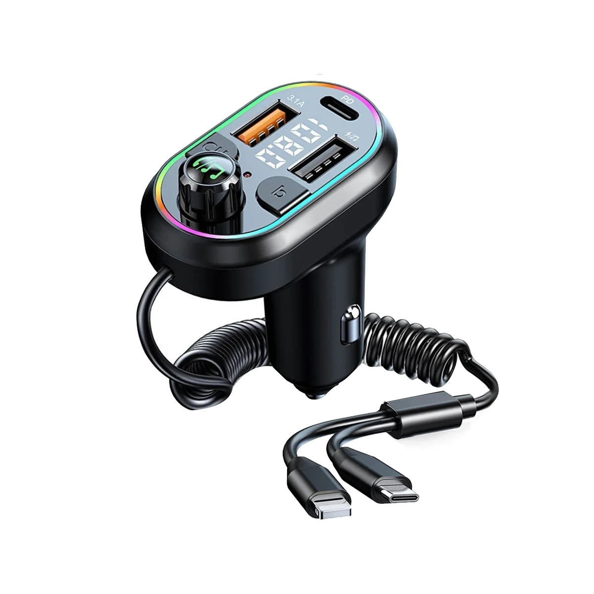 شاحن سيارة شاحن سيارة لاسلكي بلوتوث 5.0 FM جهاز ريسيفر استقبال وإرسال يدعم خمسة أجهزة شحن موسيقى HiFi 7 ألوان