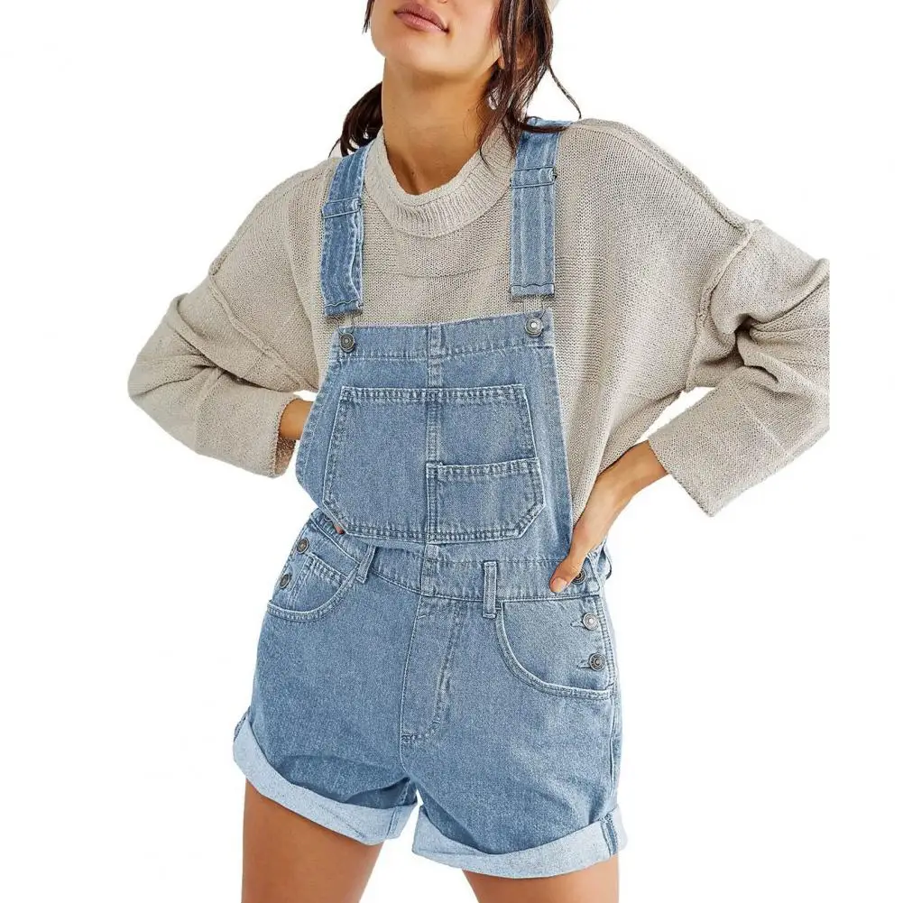 Summer Women Playsuits Suspender Jeans Denim Shorts Loose Pockets Adjustable Shoulder Strap Loose Students Romper