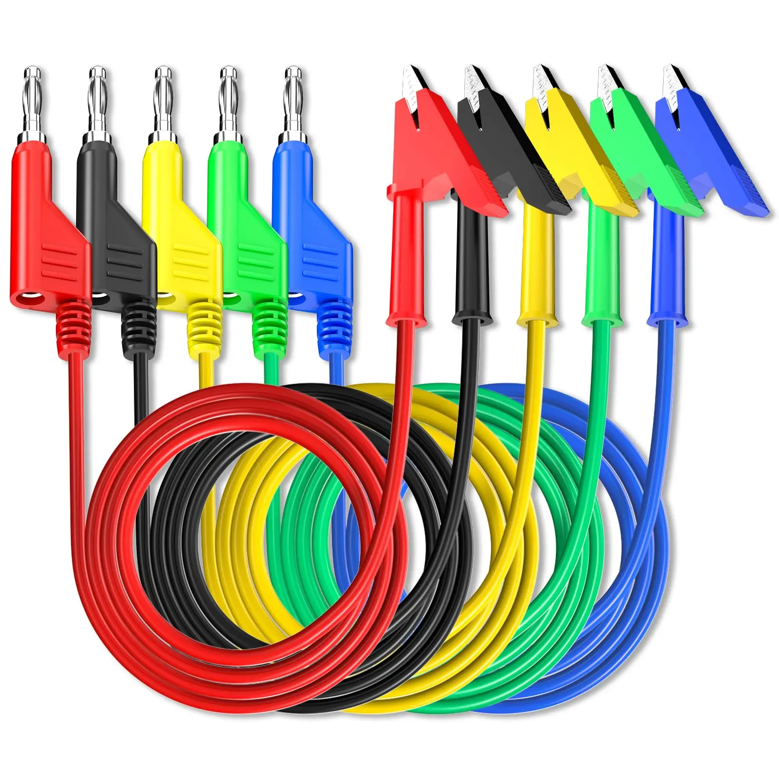 5 szt. Przewody pomiarowe 4mm wtyczka bananowa do układania w stosy z zaciskami krokodylkowymi elastyczny przewód kablowy 3,3 stopy/1 m do testów elektrycznych