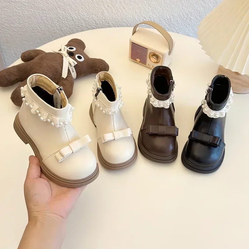 2024 Children Princess Short Boots for Girls Winter New Fashion Korean Style Soft Anti-slippery Versatile Chic Leather Shoes