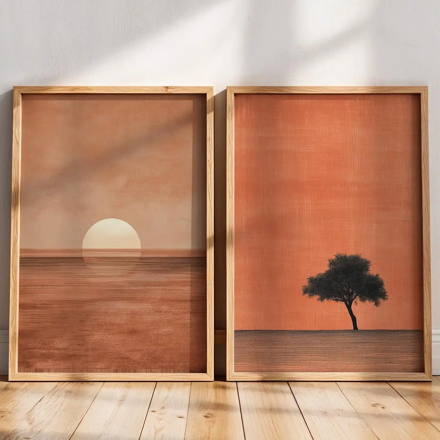 Japandi Wandkunst, minimalistischer rosa Sonnenuntergangsdruck, skandinavisches Zen-Dekor, abstraktes Landschaftskunstwerk, Erdtöne, Boho-Wanddekoration