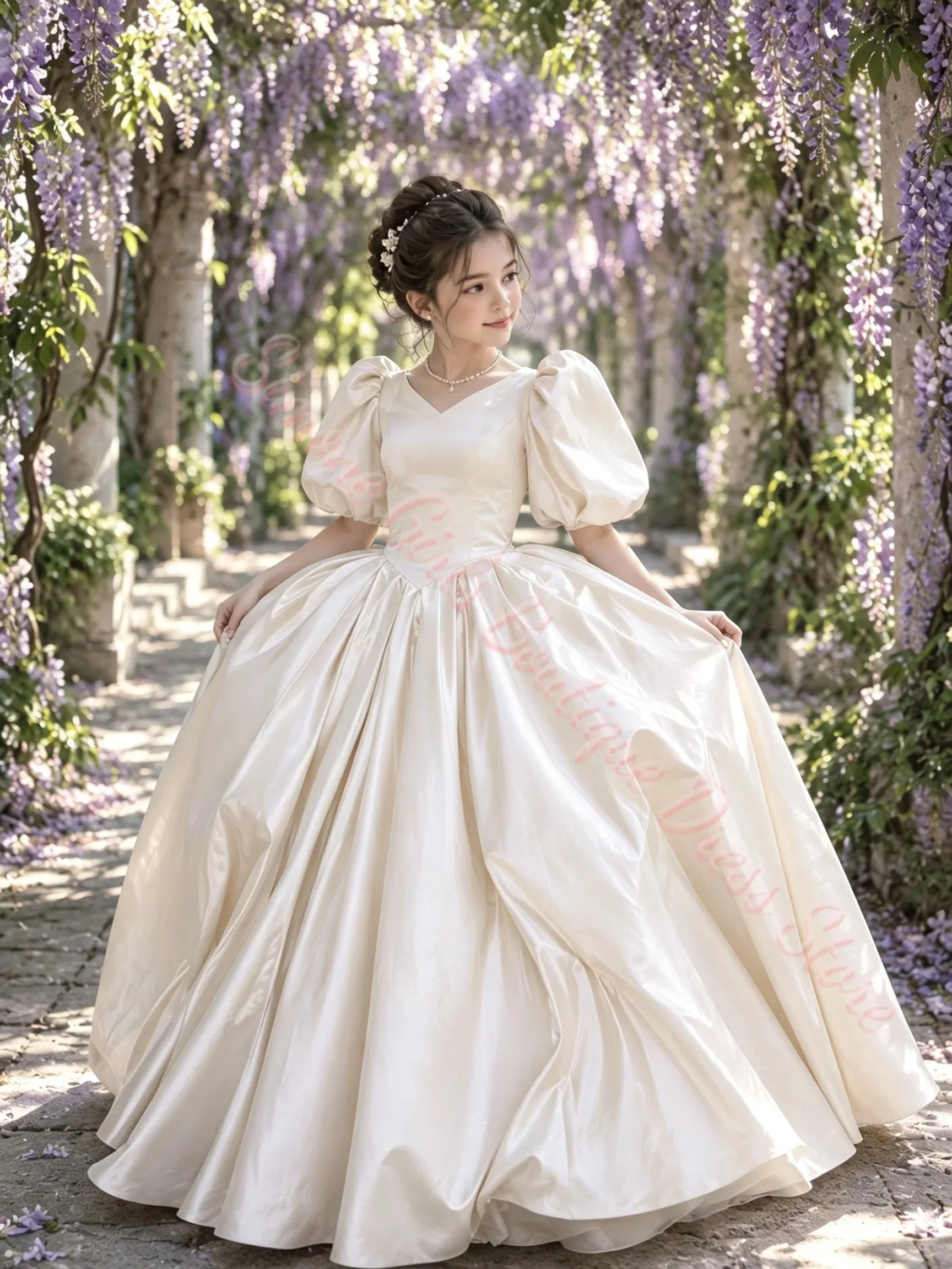 Großhandel Rosa Blumenmädchenkleid Kleine Brautjungfer für Hochzeit Bischoßärmel Bodenlang Maßgeschneidertes Satin-Abendkleid für Kommunion – Detail 4