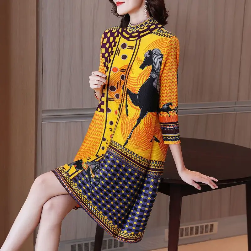 Dress printed pleated clothes for autumn 2023 fashion Slight Strech Loose Fit Long one-piece dress gown
