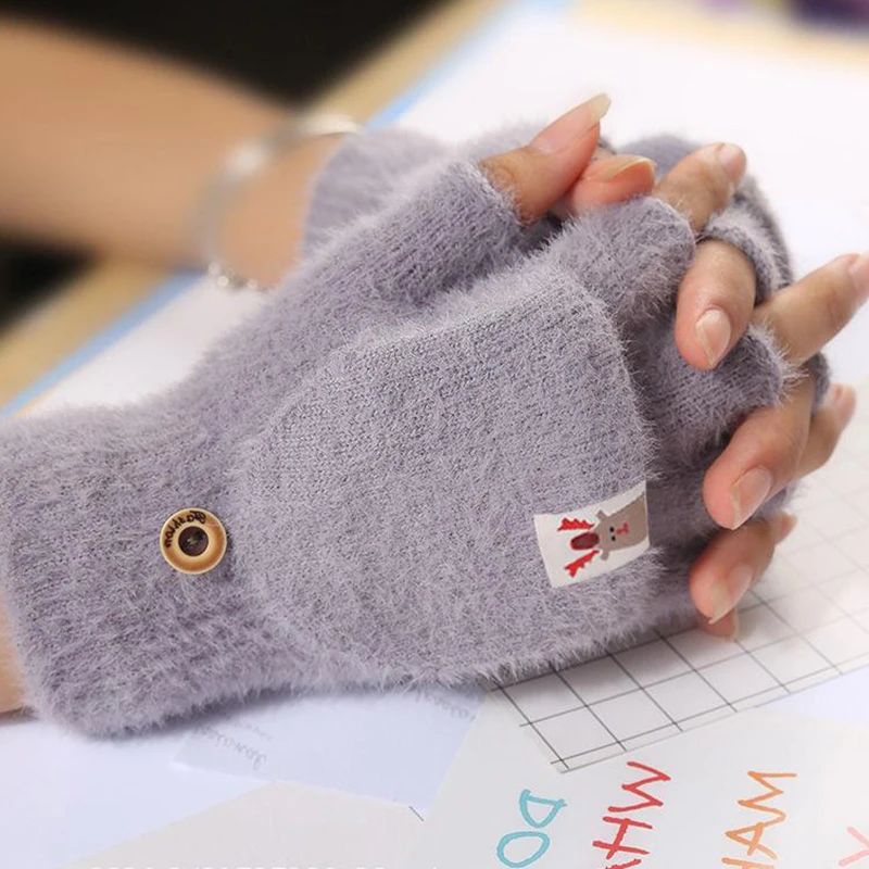 Autumn Winter Warm Gloves Flip Cover Fingerless Mittens Soft Girl Cute Cartoon Half-finger Knitted Velvet Students Gloves