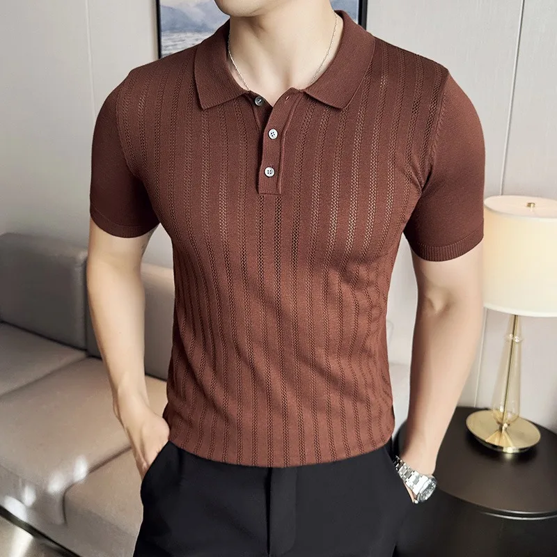 

Sexy Hollowed Out Stripe Jacquard Knitted Polo Shirt Men's Solid Color V-neck Lapel Collar T-shirts Casual Business Men Clothing