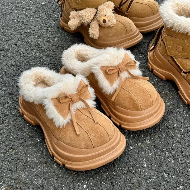 Winter Thick Bottom Snow Boots Women's Cute Bow Knot Fur Leather Integrated Versatile Cotton Booties Rubber Outsole