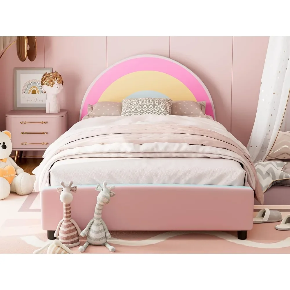 Twin Bed Frames for Kids, Princess Upholstered Girls Twin Platform Bed with Rainbow Headboard, Solid Wood Slats Children Beds