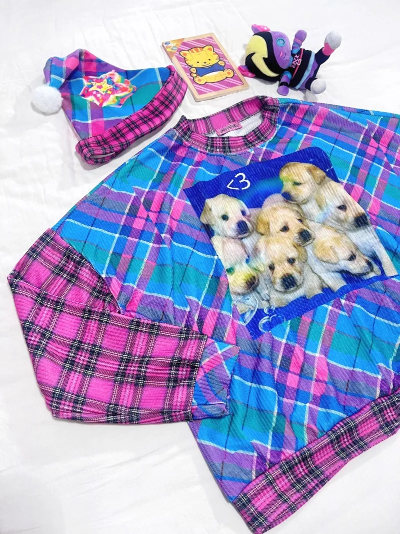 2025 American Pink Dog Sweater Long-sleeved Crew Neck Loose and Thin Versatile Splicing Plaid Print Top T-shirt For Women