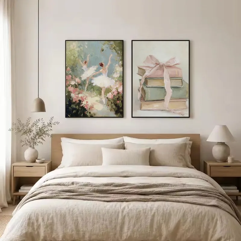 Vintage Girly Sailboat Geese Hydrangeas Ballet Bow Coastal Nautical Poster Canvas Painting Wall Art Pictures Home Decor