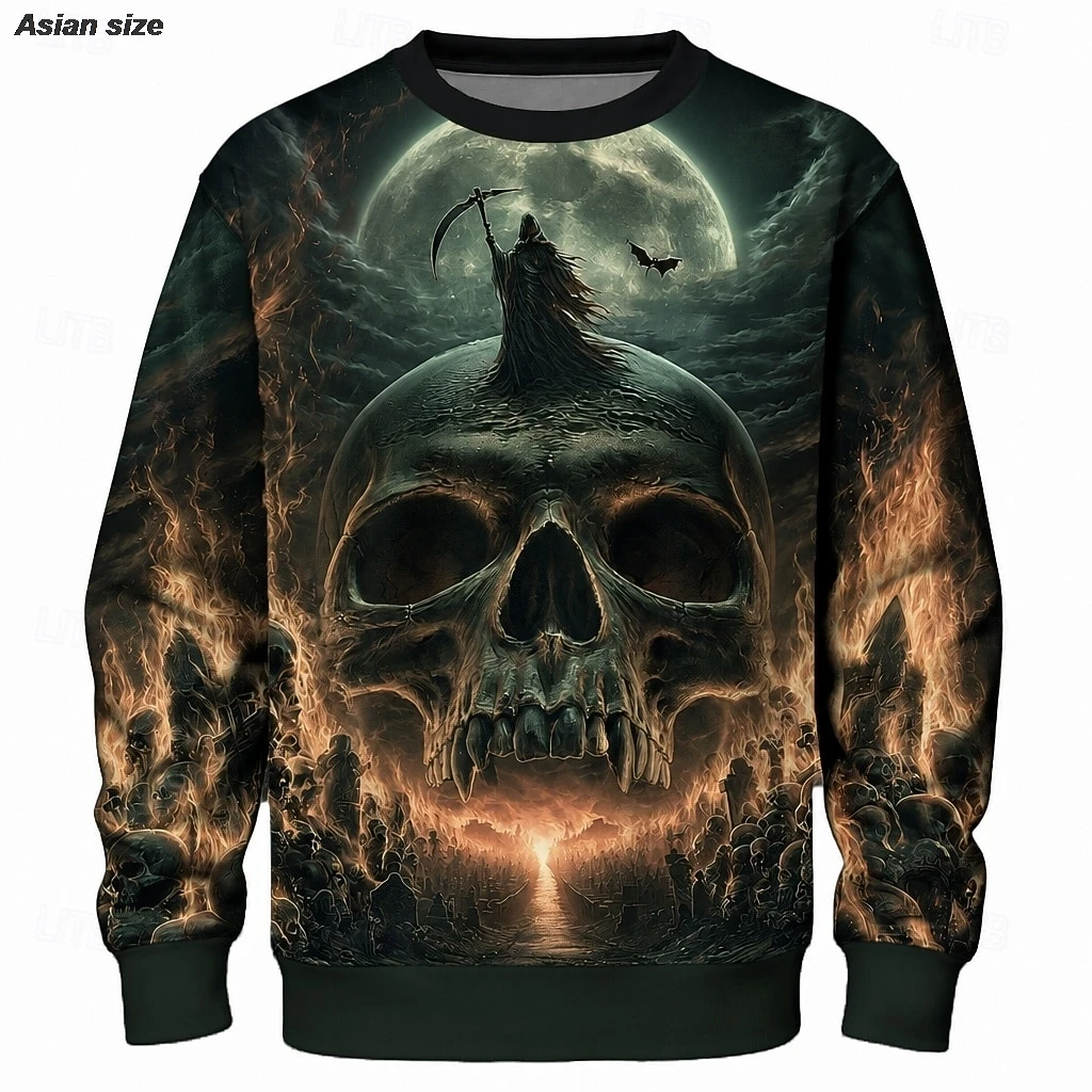 Fleece Sweatshirts Halloween Men's Skulls Sweatshirt Punk Party Gothic Crew Neck Vacation Black 1 Black 3 Black