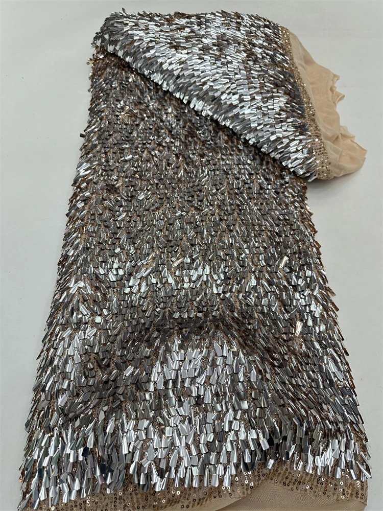 

African Mesh Sequin Lace Fabric 2026 High Quality French Embroidery Large sequins Lace Fabric Ladies Party Evening Dress 5 Yard