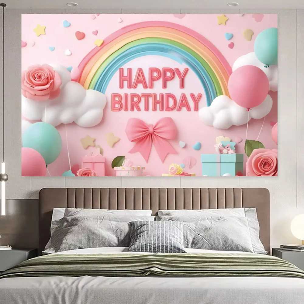3D Balloon Rainbow Theme Background Cloth Pink Newborn Baby Girl Colorful Birthday Party Photography Prop Decoration Gift Banner