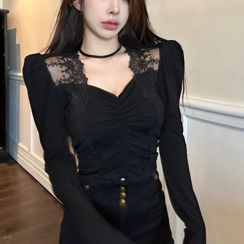 

Women Autumn Winter Slim Fit Short Length Lace Patchwork V Neck Long Sleeve T Shirt Pure Seductive Trendy Inner Layering Top