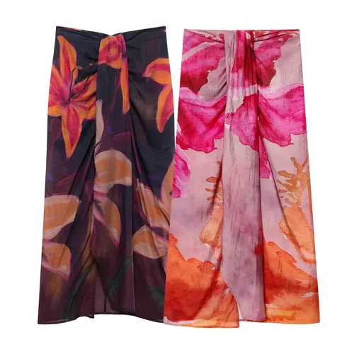 PB&ZA2025 Falda midi de longitud media con estampado floral elegante informal decorada con nudo novedad de verano para mujer