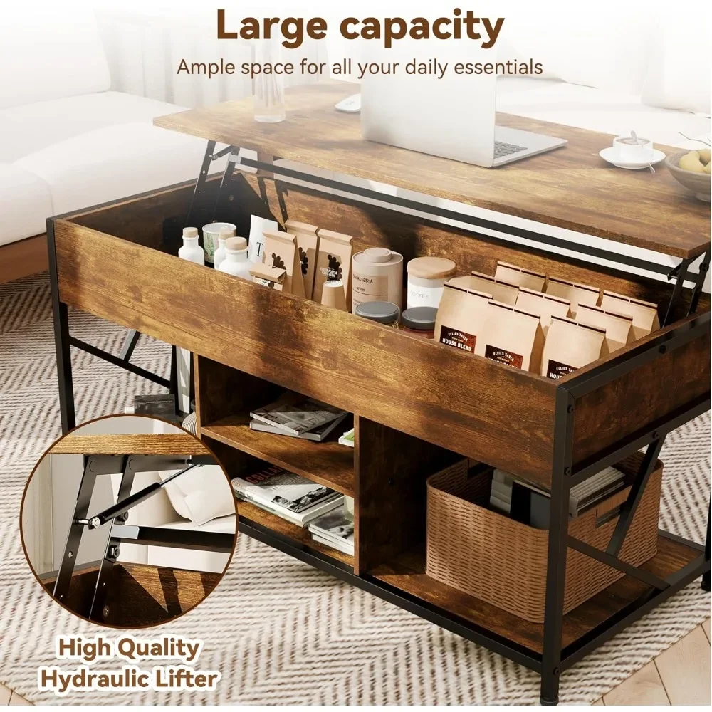Mesa de centro, mesa de centro elevatória de 47,2 polegadas para sala de estar, mesas de sala de estar marrom rústico com armazenamento e compartimento oculto