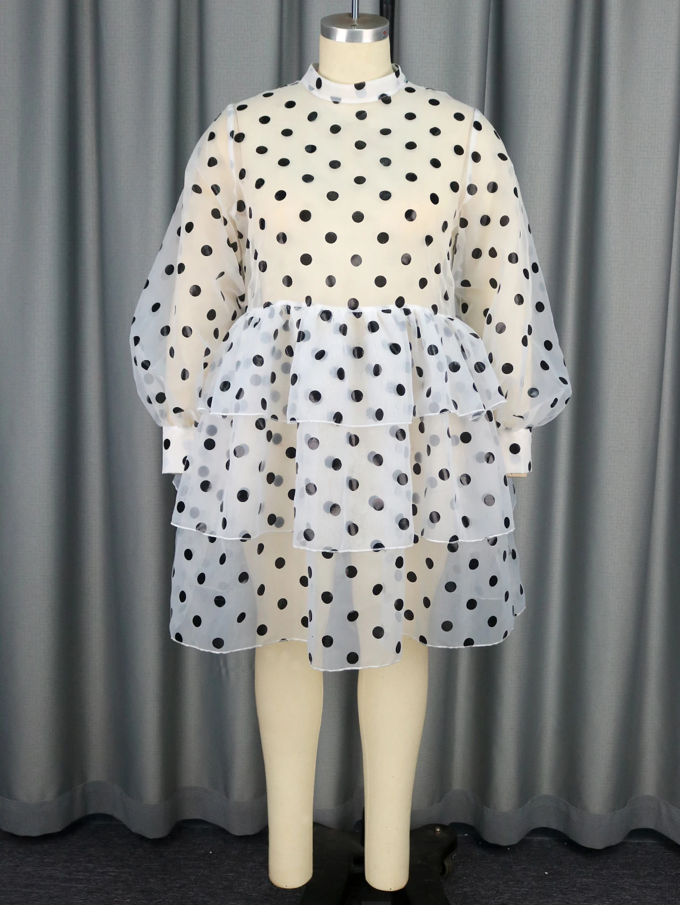 Kobiety Polka Dot See Through White A Line Dresses Mock Neck Long Sleeve Empire Layered Cake Dresses Evening Party Gowns Plus Size