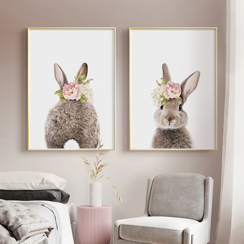 Flower Rabbit Poster Woodland Animal Nursery Canvas Painting Nordic Wall Art Print Picture Kids Baby Room Modern Home Decor