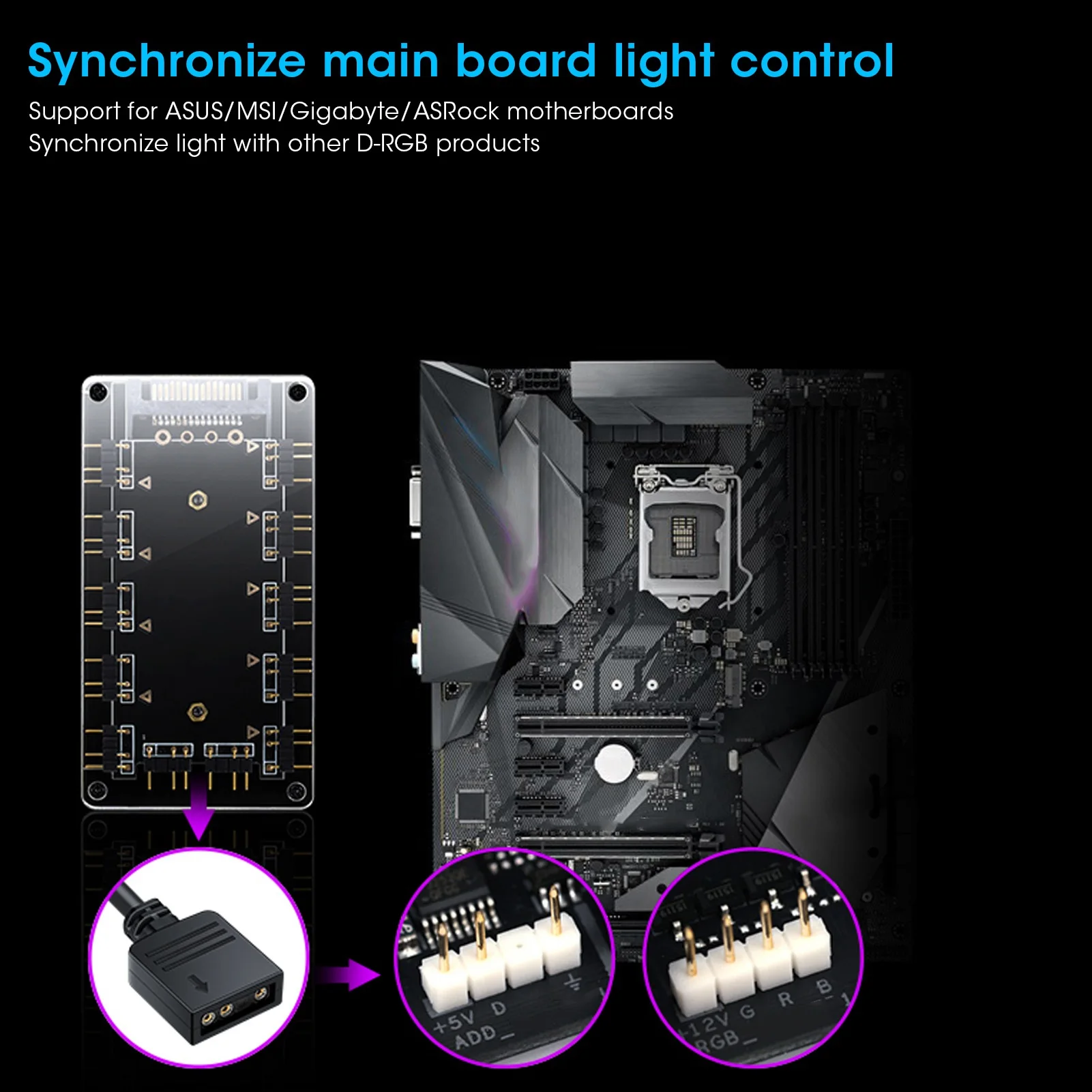 ตัวแยกฮับพัดลมสำหรับเมนบอร์ด ASUS/ AURA RGB 5V 3‑Pin 10‑in‑1 อินเทอร์เฟซขยาย 10‑in‑1 ตัวแยกพัดลม