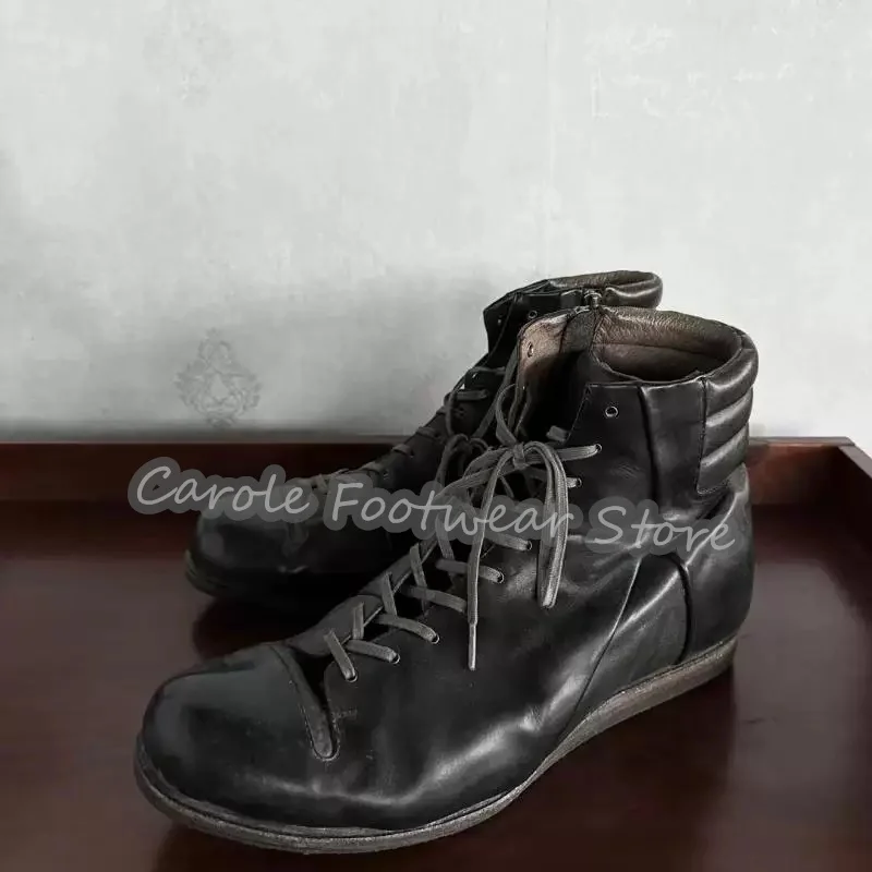 Vintage Black Leather Lace-Up Ankle Boxing Boots Male Comfortable Flat Street Shoes High-Top Motorcycle Boots for Men