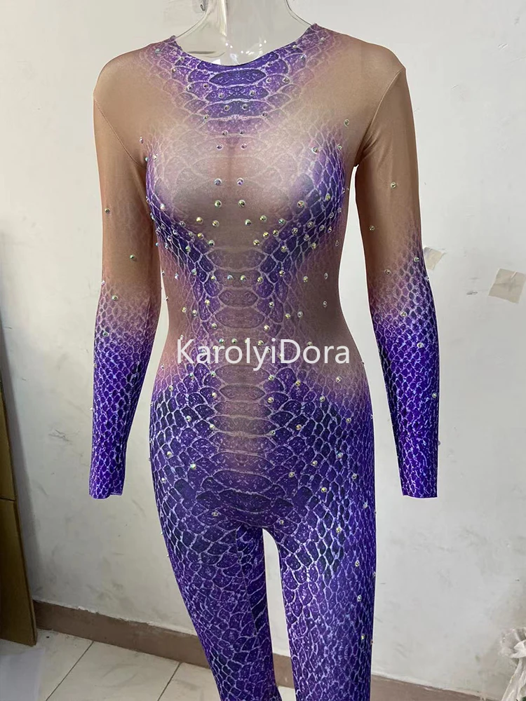 2023 seksowny fioletowy kombinezon ze wzorem węża elastyczne body tańca damskiego kostium piosenkarza nocnego klubu pokaz Cosplay strój sceniczny