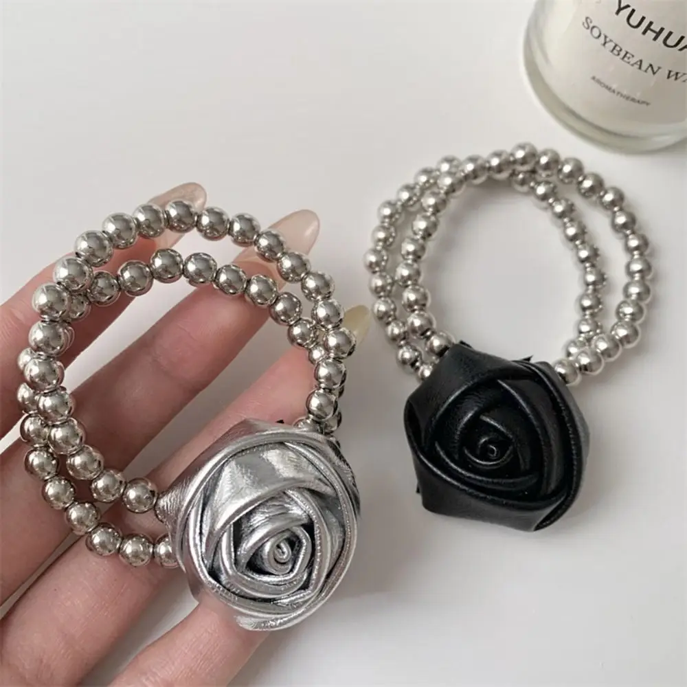 Hair Tie Pu Leather Rose Hair Rope Ponytail Holder Flower Beads Bracelet Korean Style Hair Ring Elastic Hair Band Streetwear