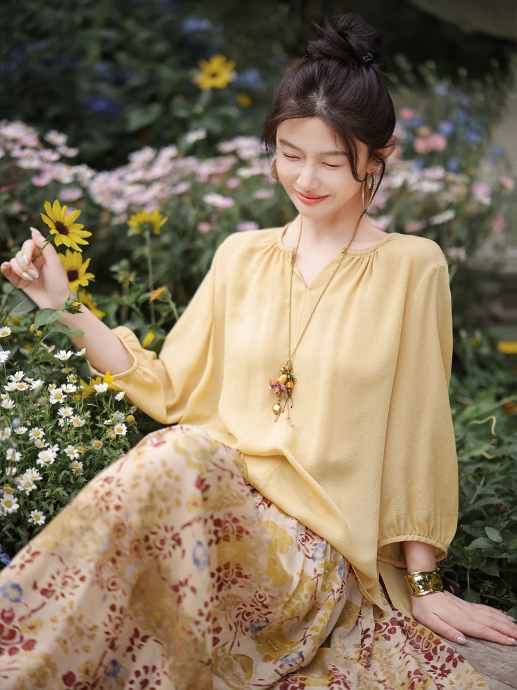 

Zhaodaxi Summer Silk Small irt round Ne Seven Sve Women's Top Ele Commute Sle 00% Silk Fem Faion