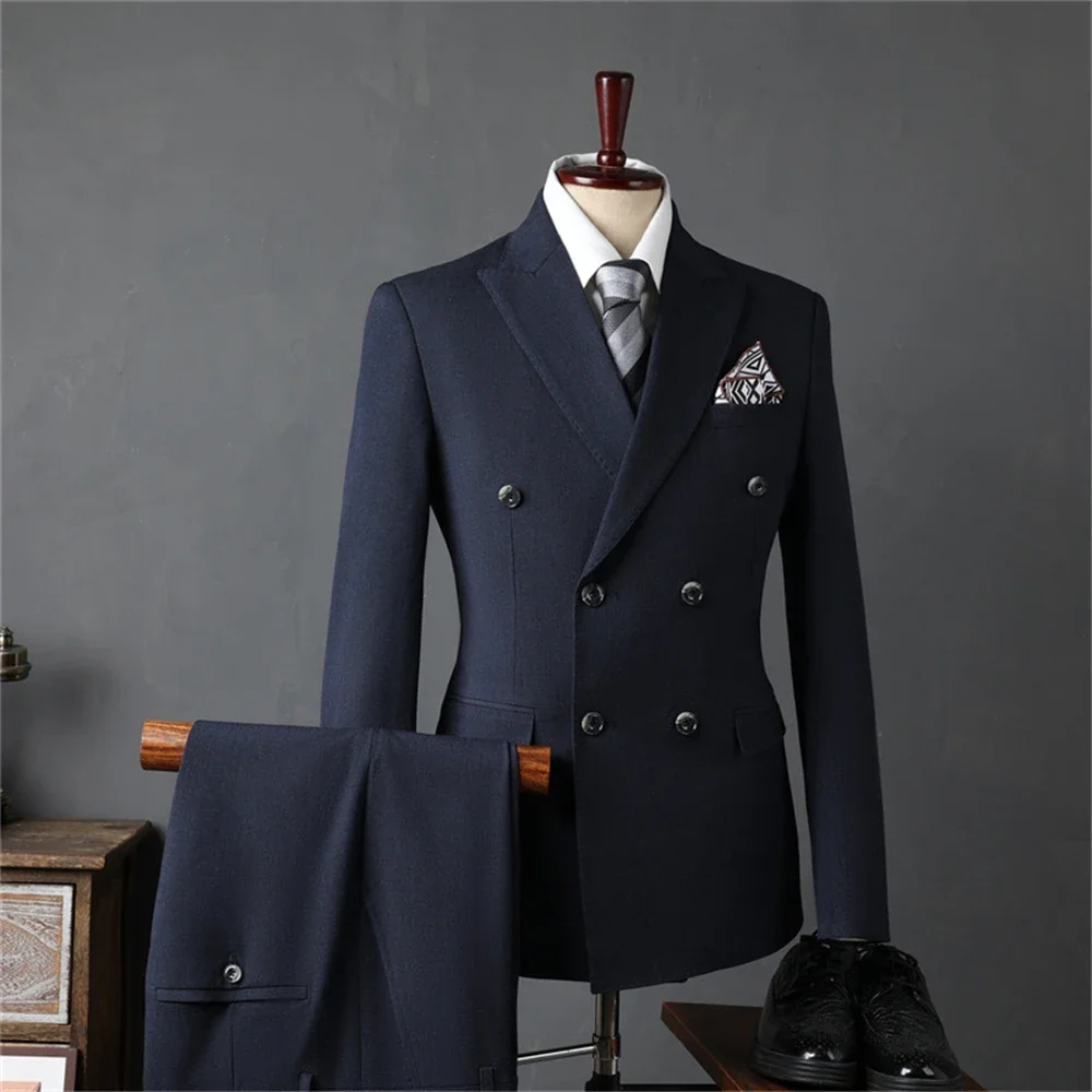 Men's Double Breasted Formal Suit Set, Jacket, Vest, Pant, Slim Fitting, Office Business Tuxedo, Autumn, Winter, Interview