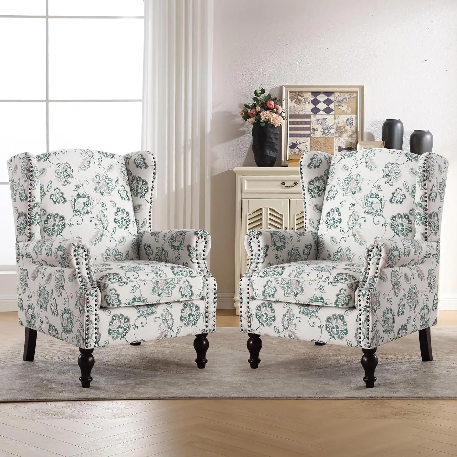 Floral Wingback Accent Chair with Arms, Fabric Upholstered Single Sofa for Bedroom Living Room, Vintage Legs, Customized