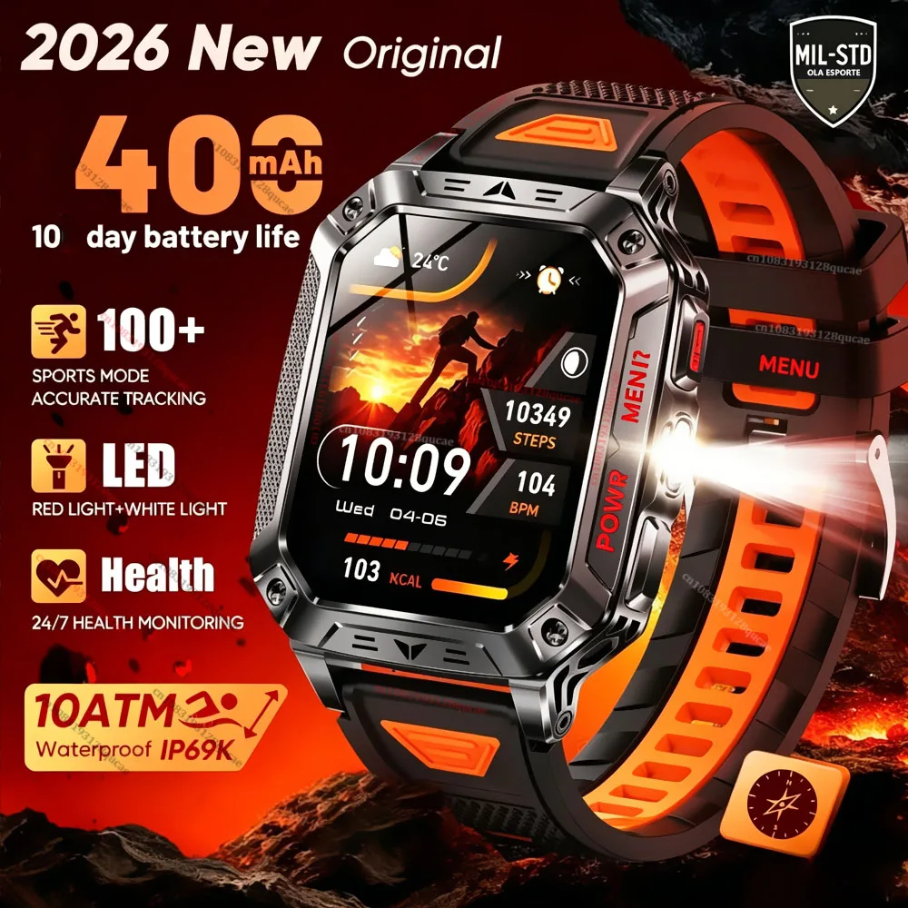 

Новые смарт-часы 2026 года с GPS для Android и iOS, военные, со светодиодным фонариком, для мужчин, водонепроницаемость 10ATM, 100+ спортивных режимов, звонки по Bluetooth