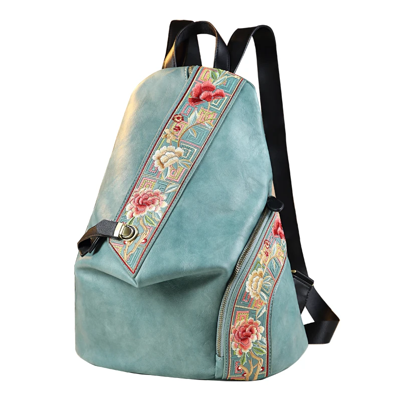 Retro Genuine Leathe Women Backpack Embroidered Design Ladies Bag Travel Backpacks Mother Anti-Theft Backpack Fashion Trend