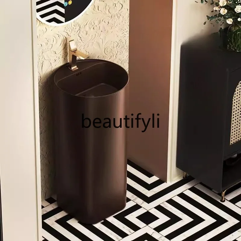

Vintage French Household Pillar Basin Chestnut Brown Washbasin Outdoor Hotel Villa Floor-to-ceiling Washbasin