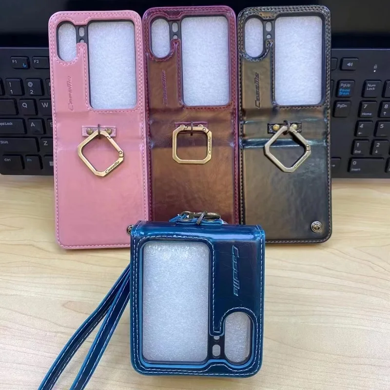 

New Arrivals Genuine Leather Flip Case Phone Cover For OPPO Find N2 Flip Finger Ring Wrist Rope Phone Case Free Shipping