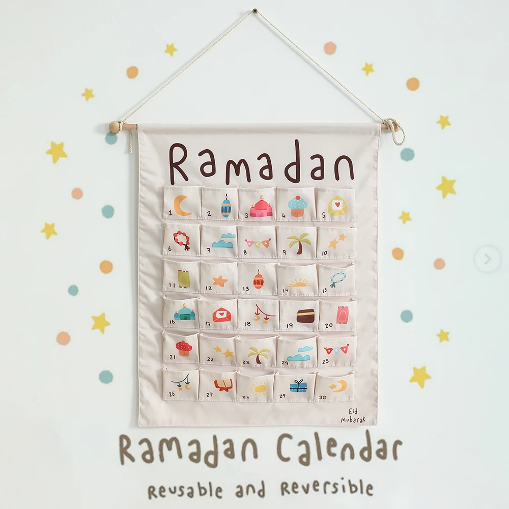 

Ramadan Eid Wall Calendar For Kids Reversible Fabric 30 Pockets Calendar Islamic Hijri Moon Phases Prayer Times Perfect For Home