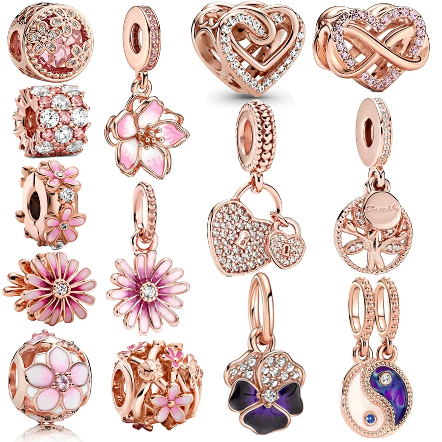 NEW Rose Gold Bead Daisy Flower Pavé Heart Family Tree Charm Fit Original European 925 Sterling Silver Bracelet DIY Jewelry Gift