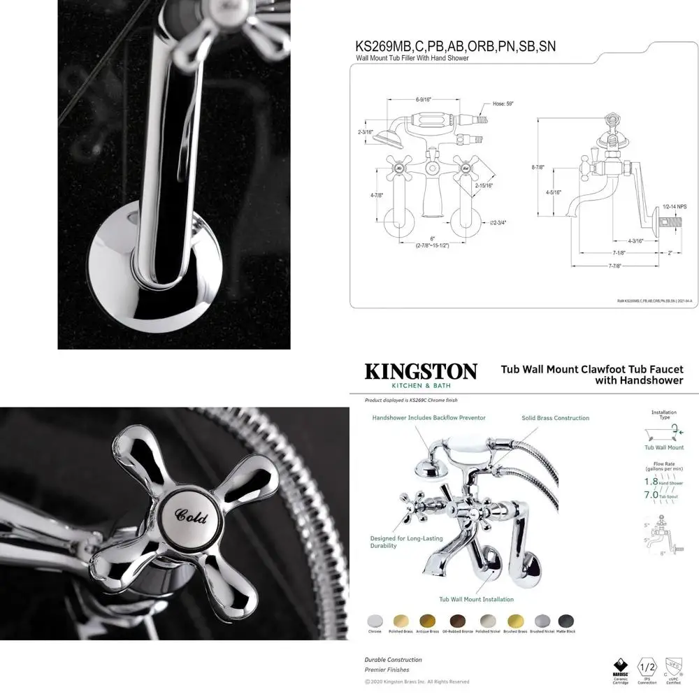 

Винтажный наполнитель для ванны на когтях с ручным душем, хромированная отделка, 9,13 x 7,5 x 6