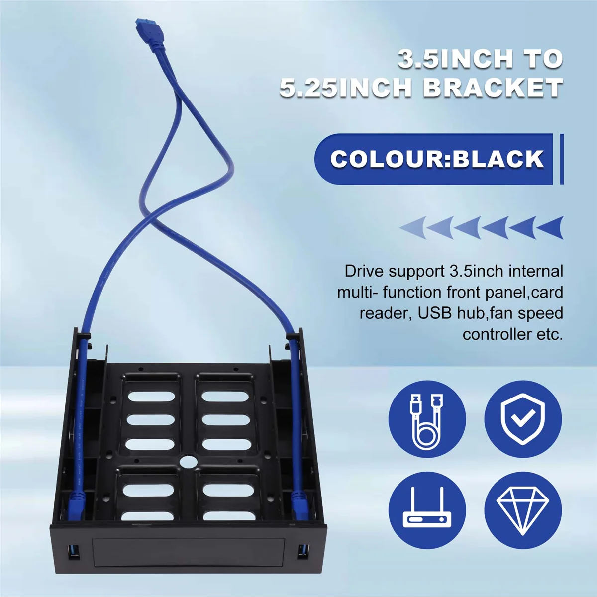 2 X USB 3.0 Front Panel with 3.5Inch Device/HDD or 2.5Inch SSD/HDD to 5.25 Floppy to Optical Drive Bay Tray Bracket