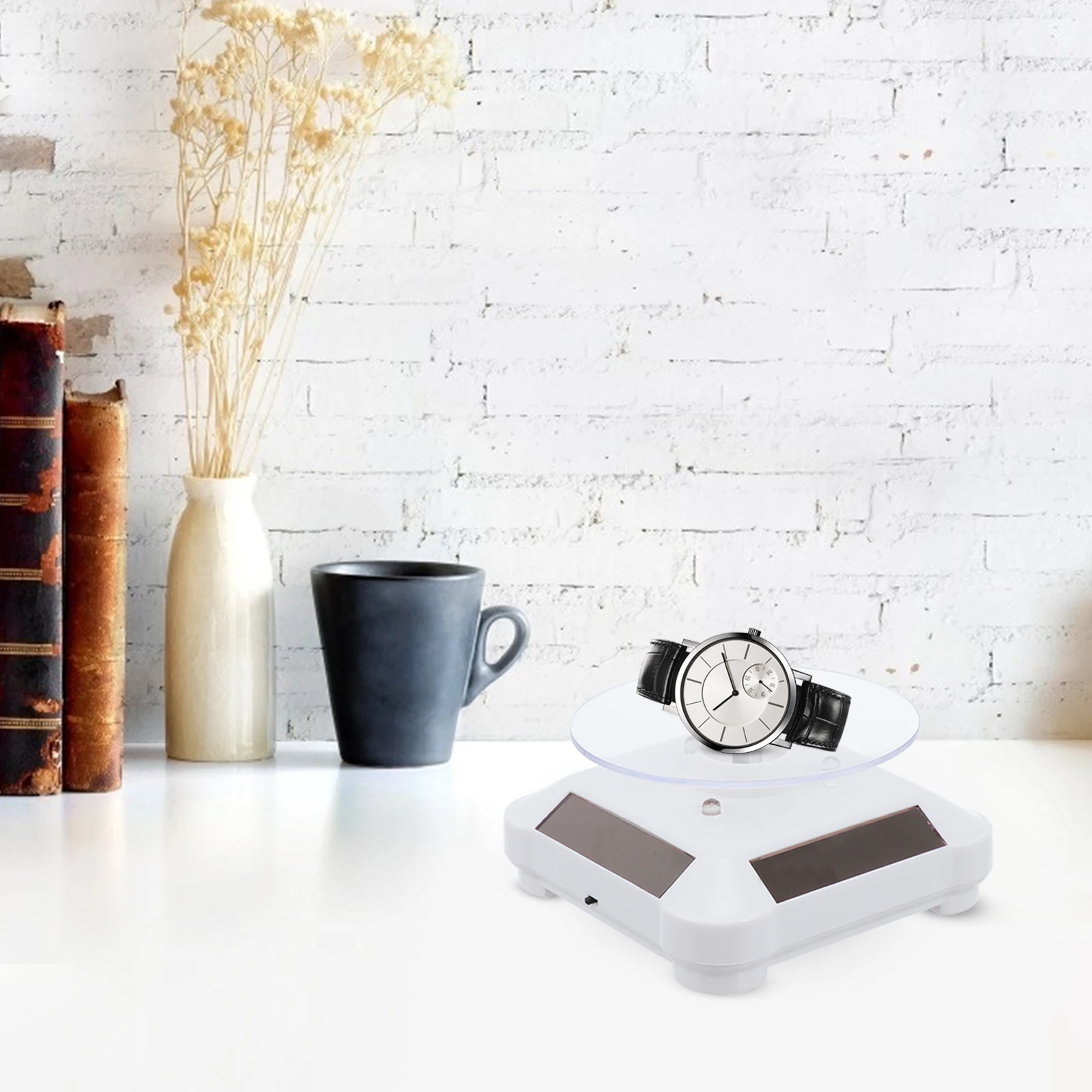 

Plastic 360 Degree Rotating Display Stand LED Lights Solar Powered Jewelry Watch Phone Toy Collectibles Retail Home Show
