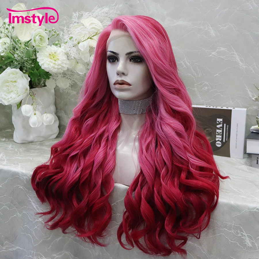 Imstyle Ombre Pink Wig Long Synthetic Lace Front Wig Natural Wavy Wig For Women Heat Resistant Fiber Cosplay Wigs