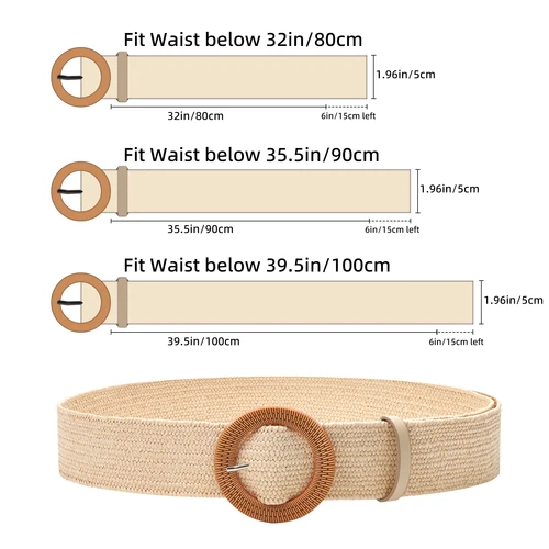 Imagen 2 del producto Paquete de 2 cinturones elásticos tejidos de paja para mujer, cinturón ajustado bohemio para vestido trenzado con hebilla de estilo madera