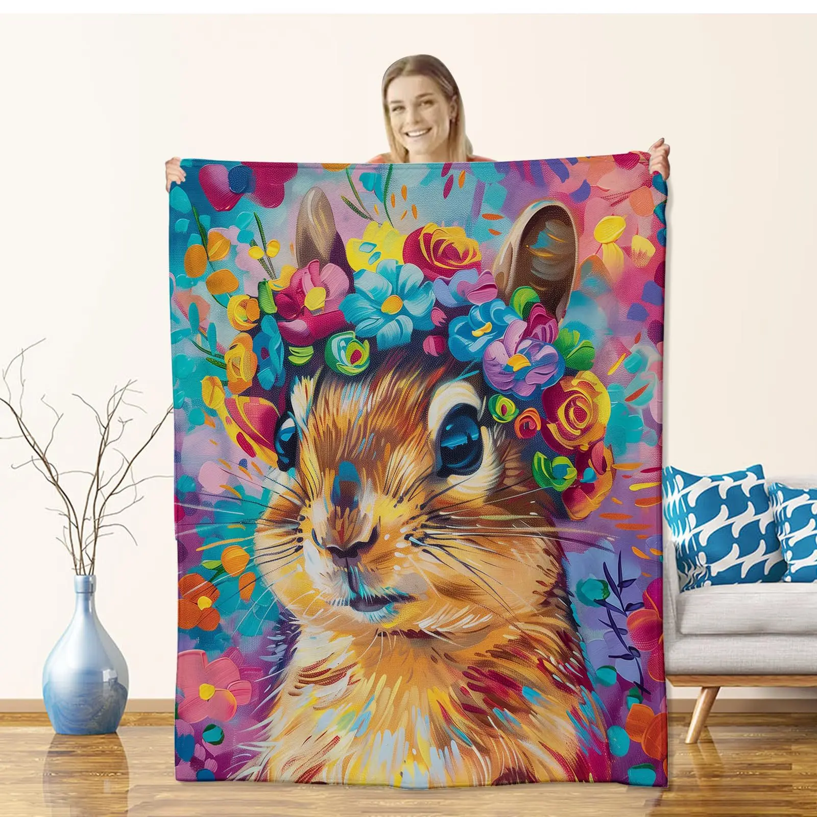 Colored flowered squirrel digital-printed polyester Bedroom velvet flannel soft sofa cover blanket Fleece sofa cover blankets