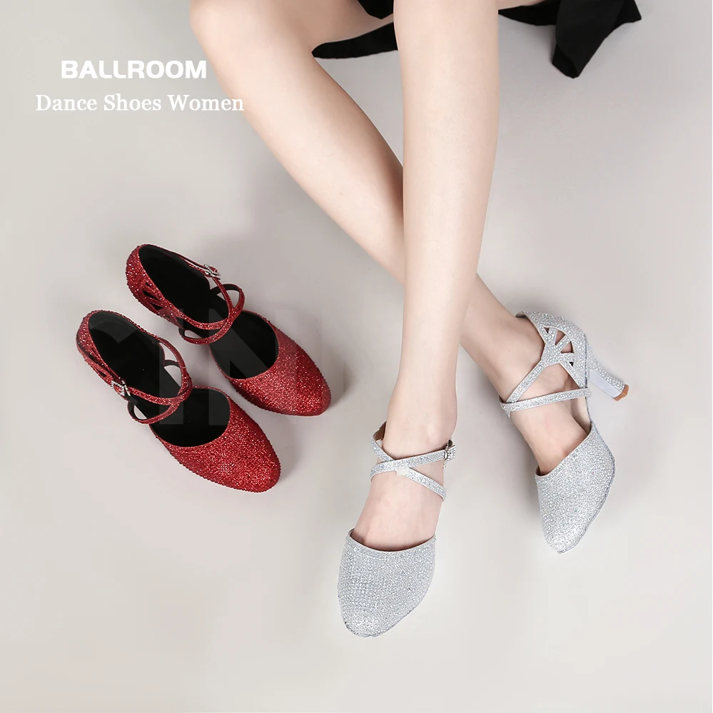 CINMIDY Rote Strass-Lateintanzschuhe Damen Tango-Tanzschuhe Moderne Schuhe Weiche Sohle Hochzeitsschuhe Silber – Detail 1