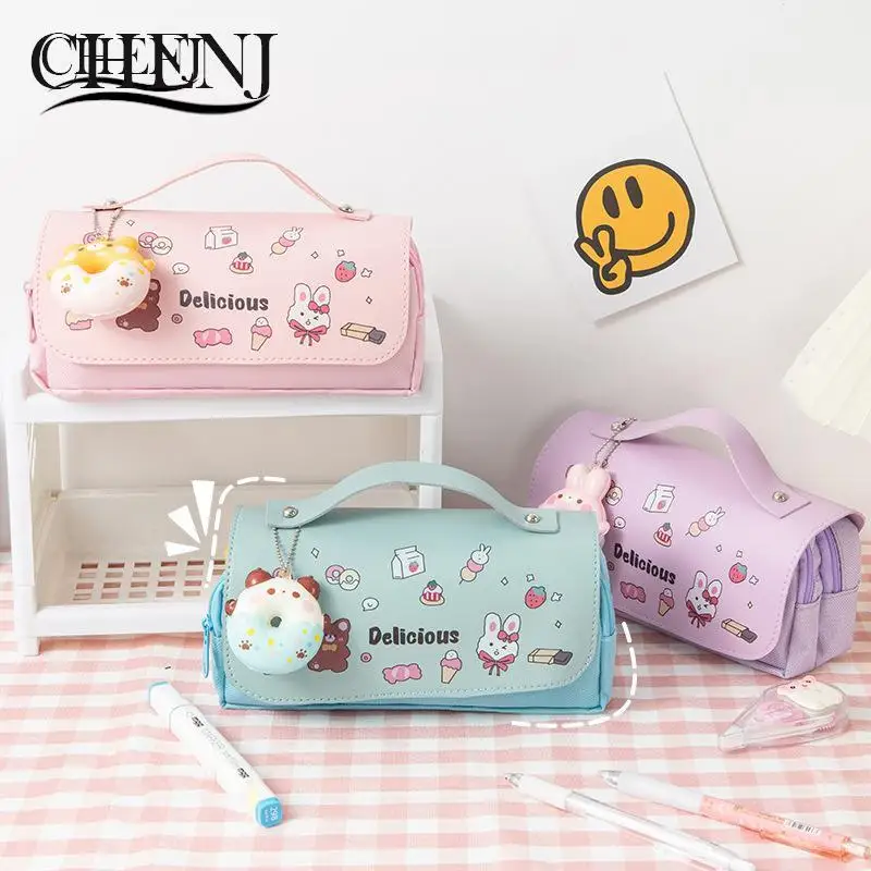 Cute Cat Decompression Pencil Case Big Pencil Box Portable Girl Pen Bag Double Layer School Pouch Kawaii Stationery Pencil Cases