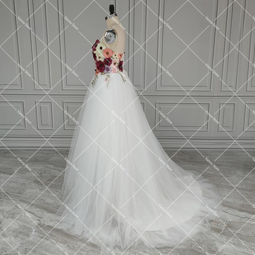 Abito da sposa colorato 3D ricamato con scollo a cuore Personalizzato Dream Blossom A Line Tulle Fata Fiori Abiti da sposa fantasia