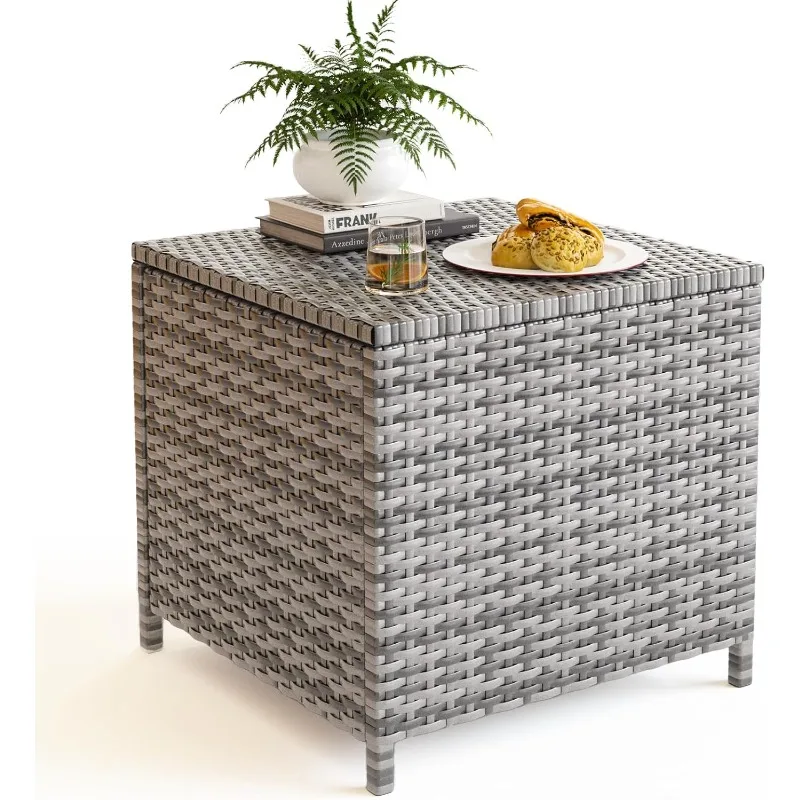 

Outdoor Wicker Side Table with Storage Patio Rattan End Table， Small Resin Square Container Coffee Table