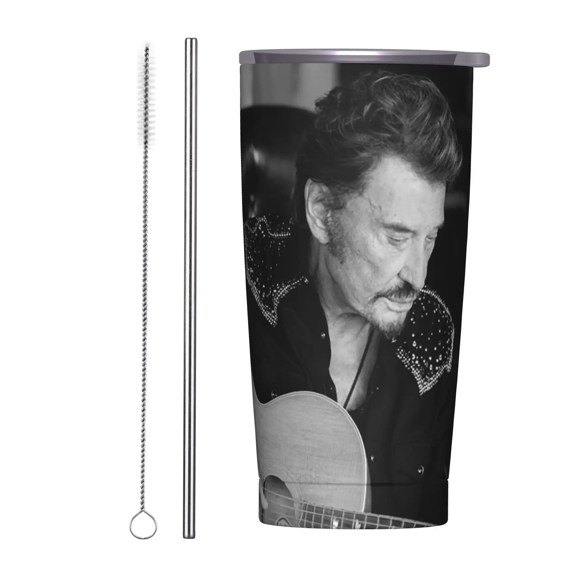 SInger Johnny Hallyday Tumbler Vacuum Insulated  Coffee Cups with Lid Straw Office Home Mug Hot Cold Drink, 20oz